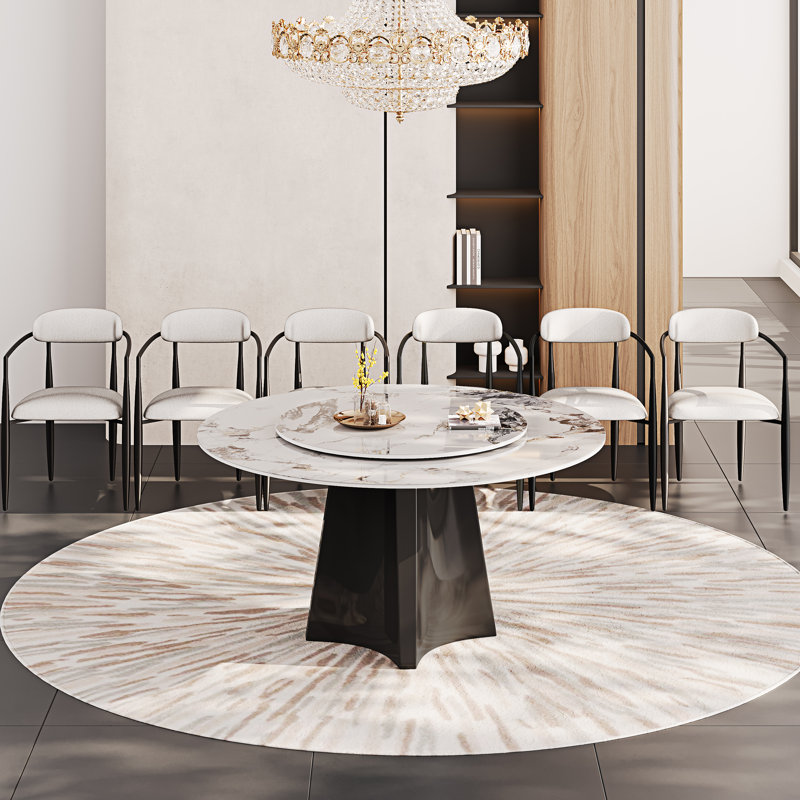 Dining Table Set With 51'' Round Faux Marble Table Top With Lazy Susan And 6 Fabric Dining Arm Chairs, White/Black