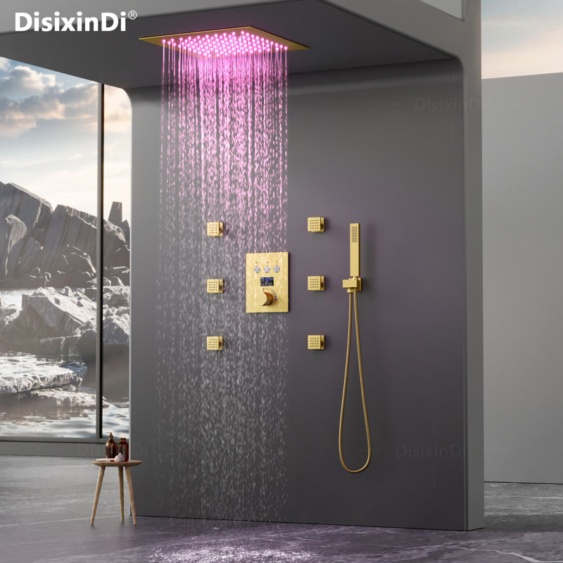 Ensemble de système de douche thermostatique avec pomme de douche de plafond 12 pouces, Or brossé