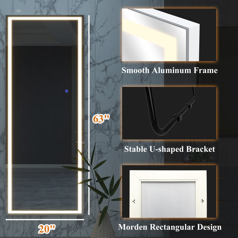 Metal Flat Mirror, White, 63" H x 19.7" W x 1.8" D