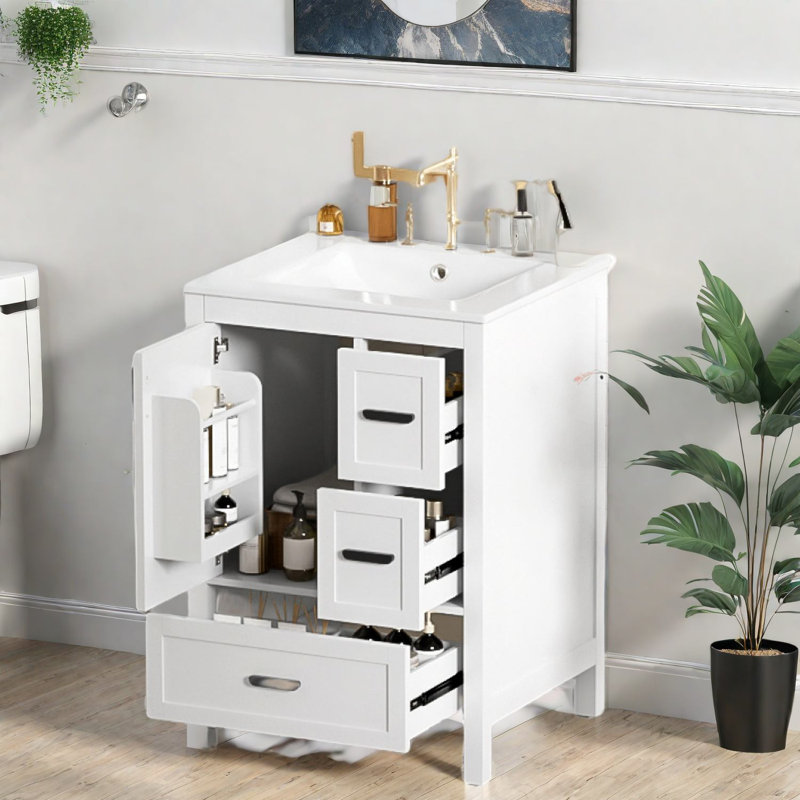 Modern Compact Vanity Cabinet With Ceramic Sink, Space-saving Storage