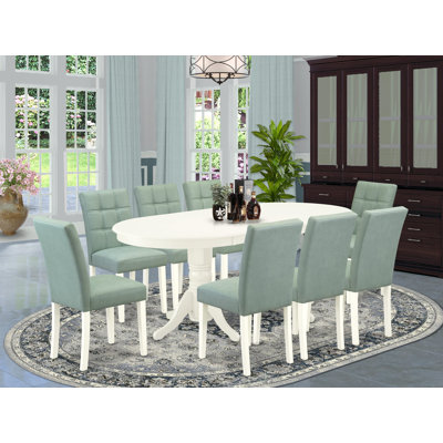 Ensemble de salle à manger 9 pièces comprenant une table à manger en bois et 8 chaises Parsons en simili cuir vert saule, lin 
