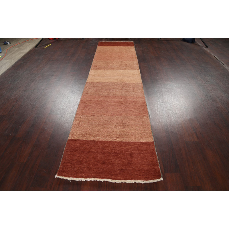 Tapis de couloir beige en laine noué à la main de conception unique 2 pi 5 po x 10 pi 4 po New Age