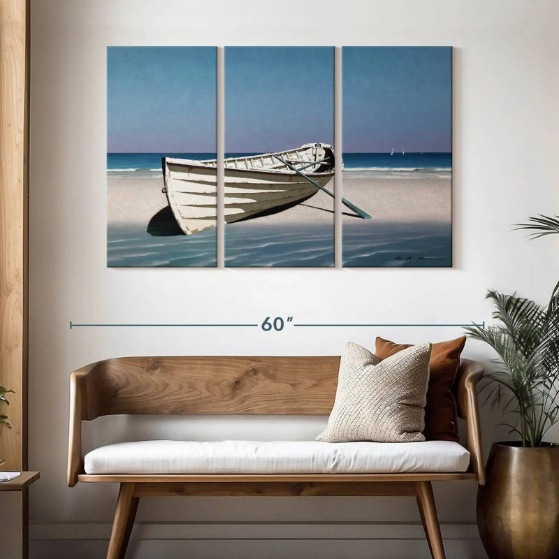 Mehar, bateau blanc sur la plage, H 32 po x l 50 po
