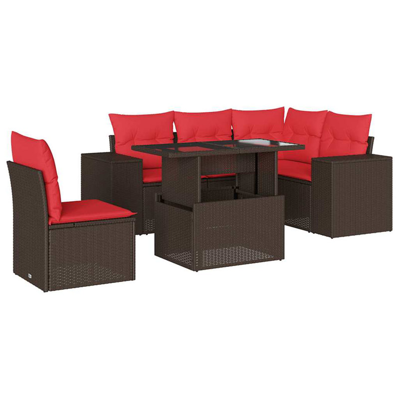 Ensemble de canapé de patio 6 pièces avec coussins en rotin de polyester, Rouge, Brun