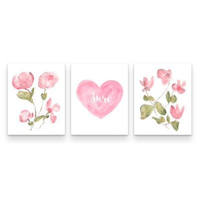 Fleurs de chalet romantiques avec cœur rose, ensemble de 3 impressions sur papier