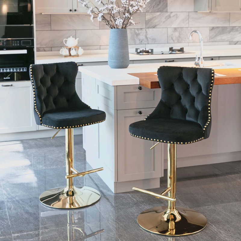 Tabourets de bar pivotants en velours, 2, Doré, Noir, noir, noir, noir