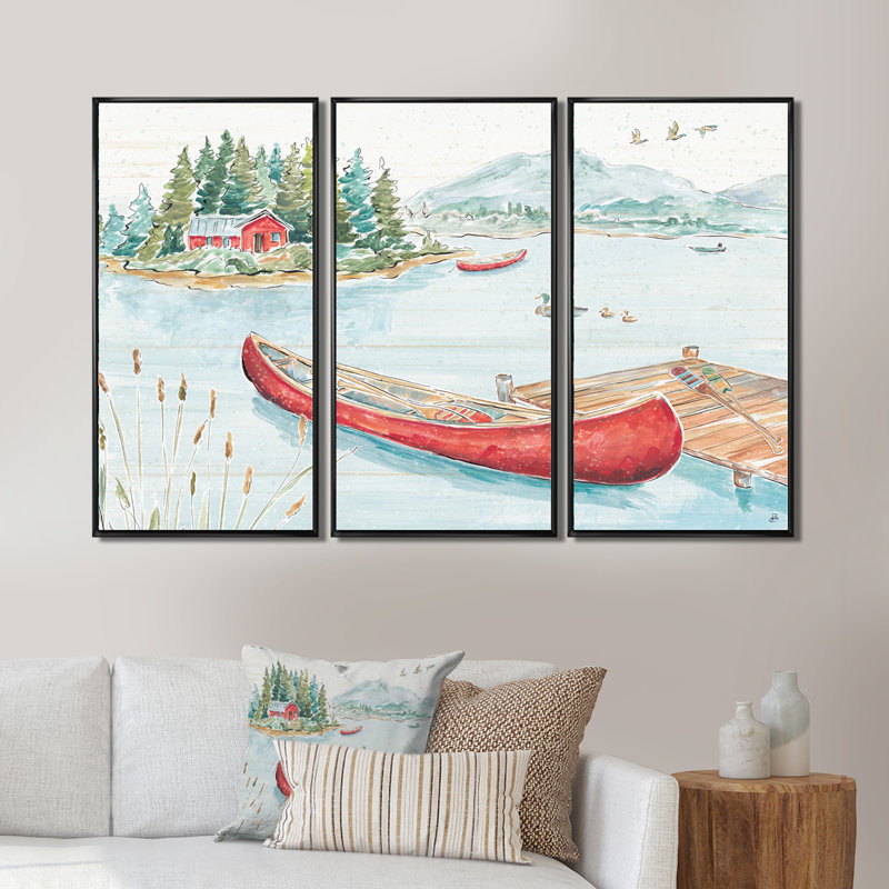 Lake House Canoes II - 3 pièces, reproduction sur toile, Cadre noir, L 36 po x H 28 po