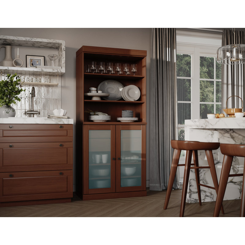 Armoire Katryn 100% bois massif avec portes en verre givré et 2 tiroirs, Moka