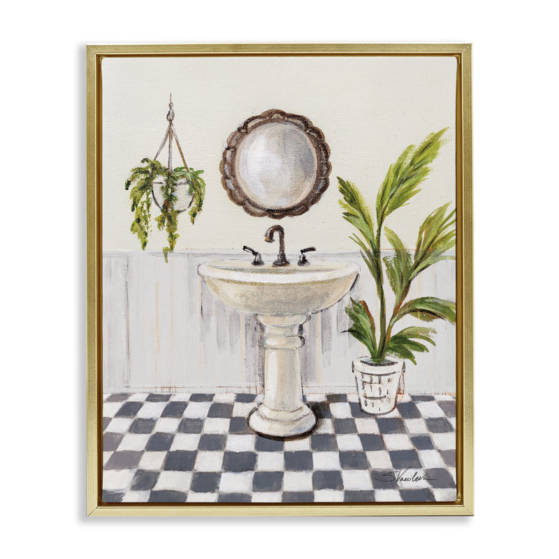  Art mural sur toile Crisp Bathroom with Plants par Silvia Vassileva, Cadre flottant métallique doré, H 31 po x l 25 po