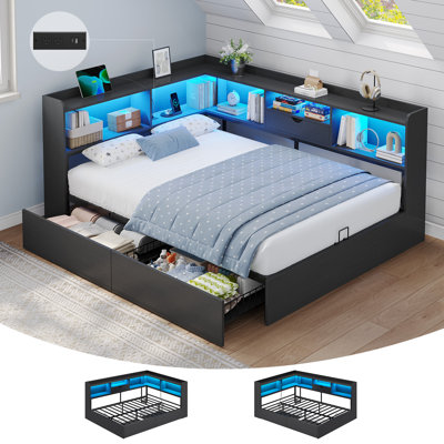Structure de lit de jour double en coin avec bibliothèque de rangement et 2 tiroirs, lit de jour double avec lumières à DEL et station de charge, cadre de lit plateforme double pour adolescent / adulte, noir