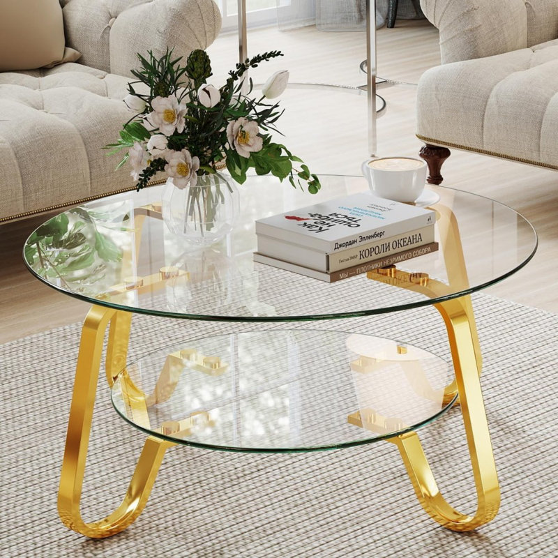 Retro Minimalist Coffee Table – 31.5″ Square Tempered Glass Table With Elegant Gold Metal Frame, Double-Layer Display Shelf, Modern Side Table For Living Room, Office