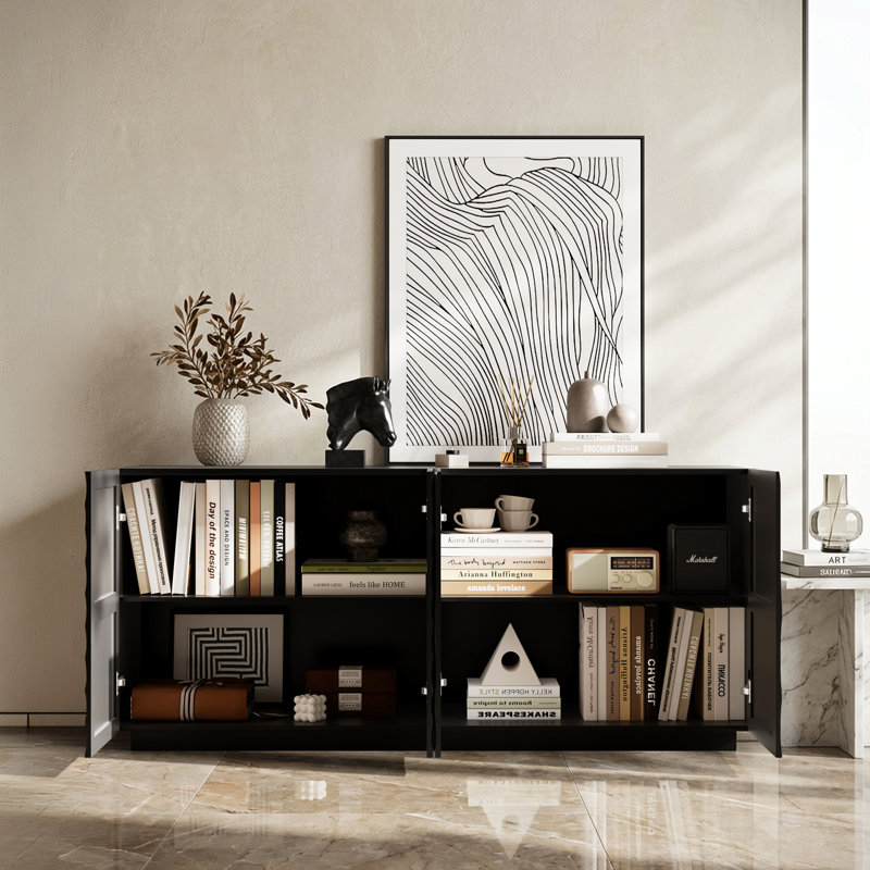 59-Inch Modern Textured Sideboard Buffet Cabinet, Black 4-Door Storage Credenza for Dining/Living Room, Black