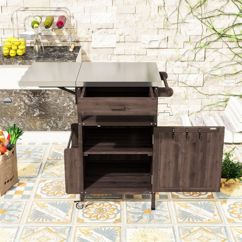 Chariot de barbecue extérieur avec plateau en acier inoxydable, abattant, armoire de rangement et roues verrouillables, Brun