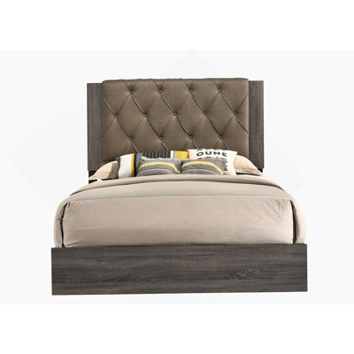Lit EK Avantika en tissu et finition chêne gris rustique