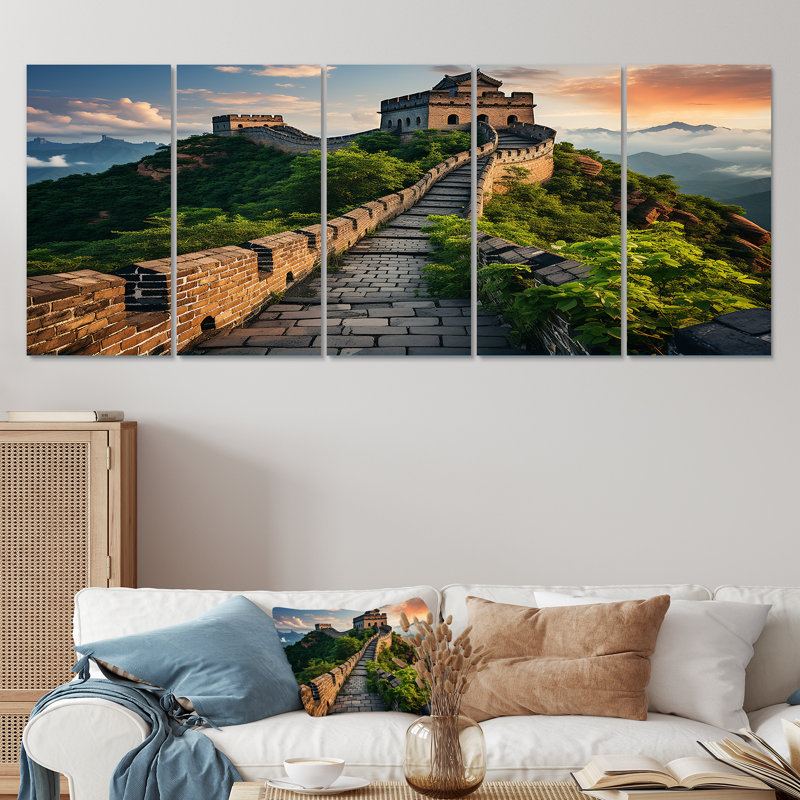Grande muraille de Chine au coucher du soleil - Chine, art mural 5 pièces, H 28 po x l 60 po
