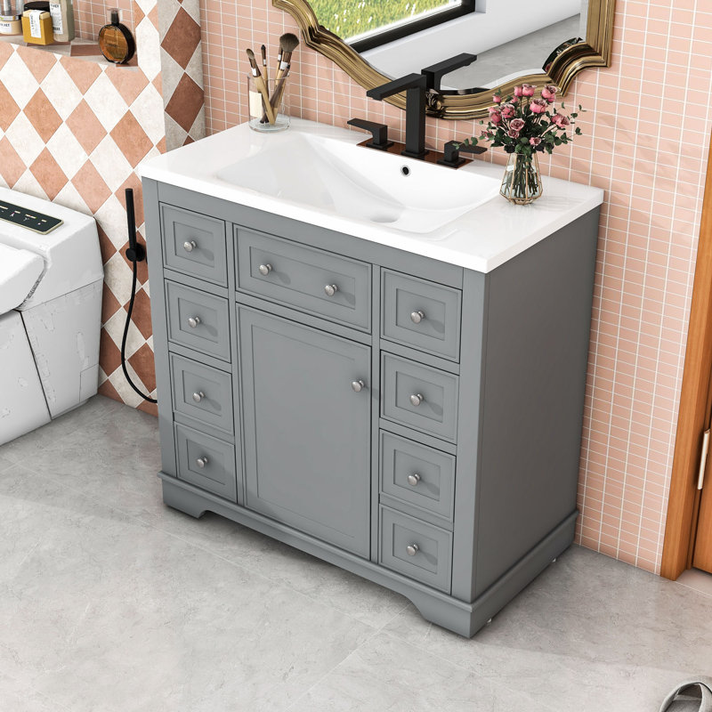 Meuble-lavabo simple autoportant moderne avec lavabo en céramique, grand rangement et tablette réglable, Gris