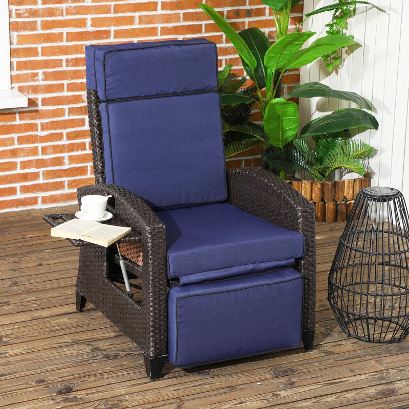 Fauteuil inclinable d'extérieur avec dossier réglable, coussin, bleu