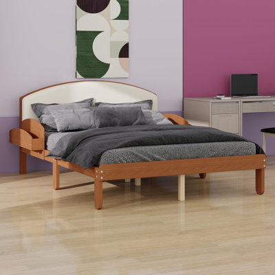 Bed frame with curved padded headboard and side storage shelves, modern arched leg design