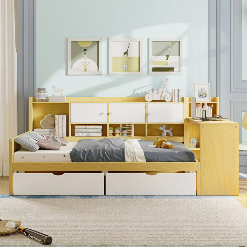 Wooden L-Shape Daybed With Seven Storage Cabinets And Two Storage Drawers, Multi-Functional Bed With Study Desk And Built-In Bookshelf
