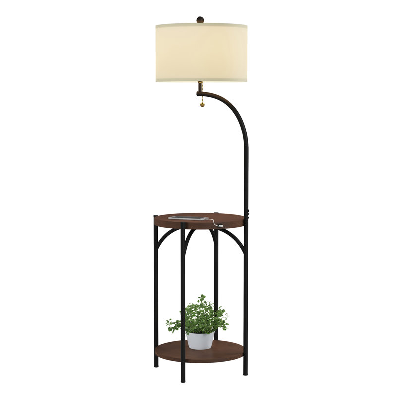 Winston Porter Floor Lamp with End Table - Modern Rustic Side Shelves with USB Charging Port, LED Light Bulb, and Drum-Shaped Shade - Standing Lights