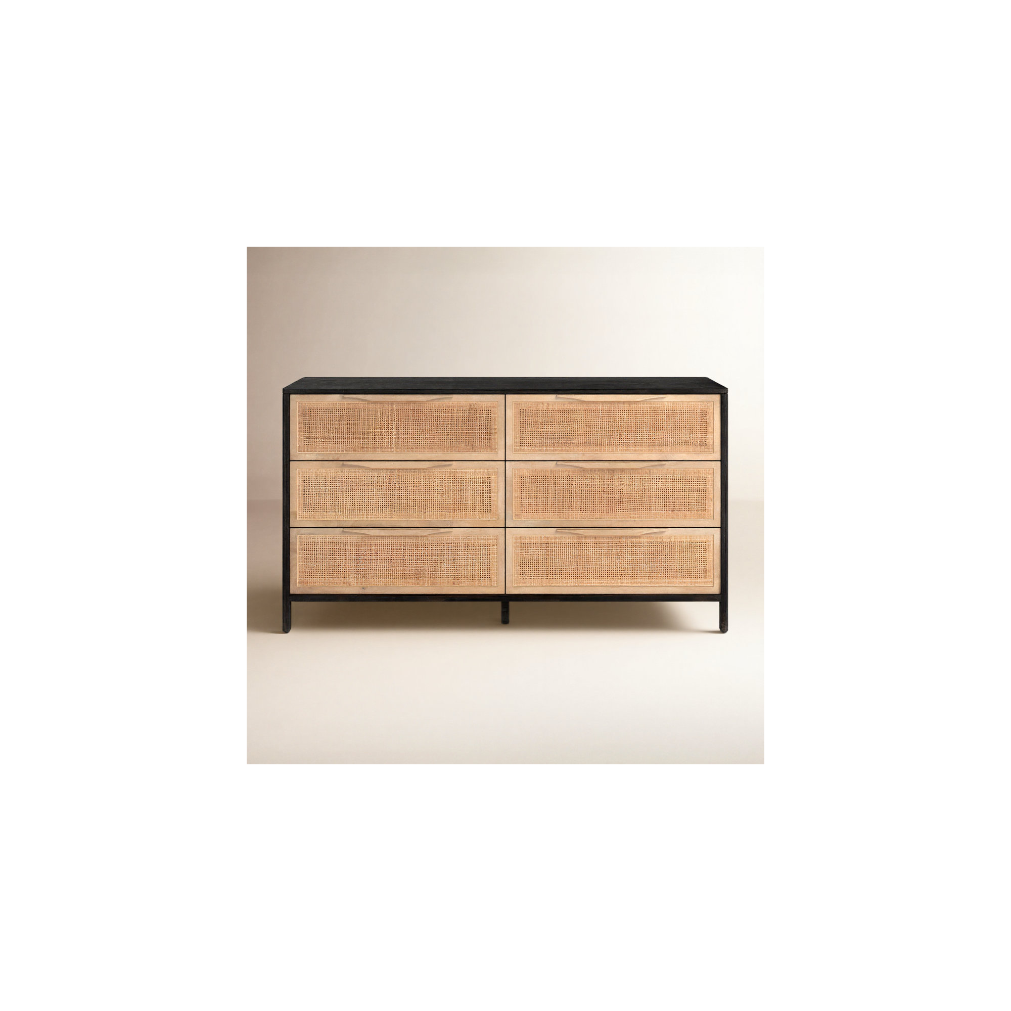 Nellie 6 Drawer Cane Dresser, Beige/Black