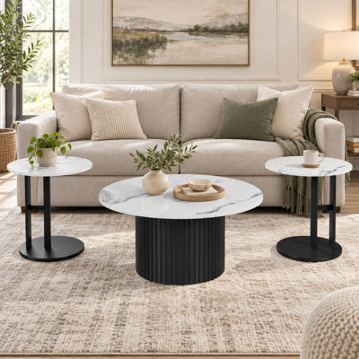 3 Piece Living Room Table Set with Coffee Table End Tables and Faux Marble Tops
