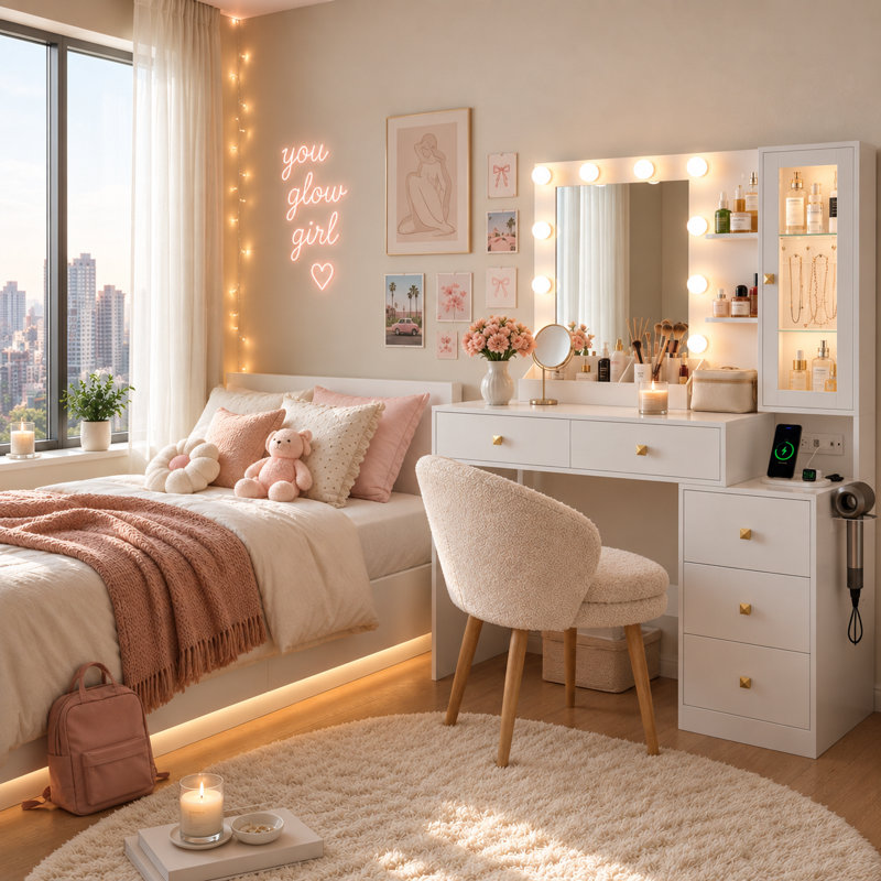Vanity Desk with Mirror and Lights, Makeup Vanity with 5 Drawers and Hidden Jewelry Organizer, White