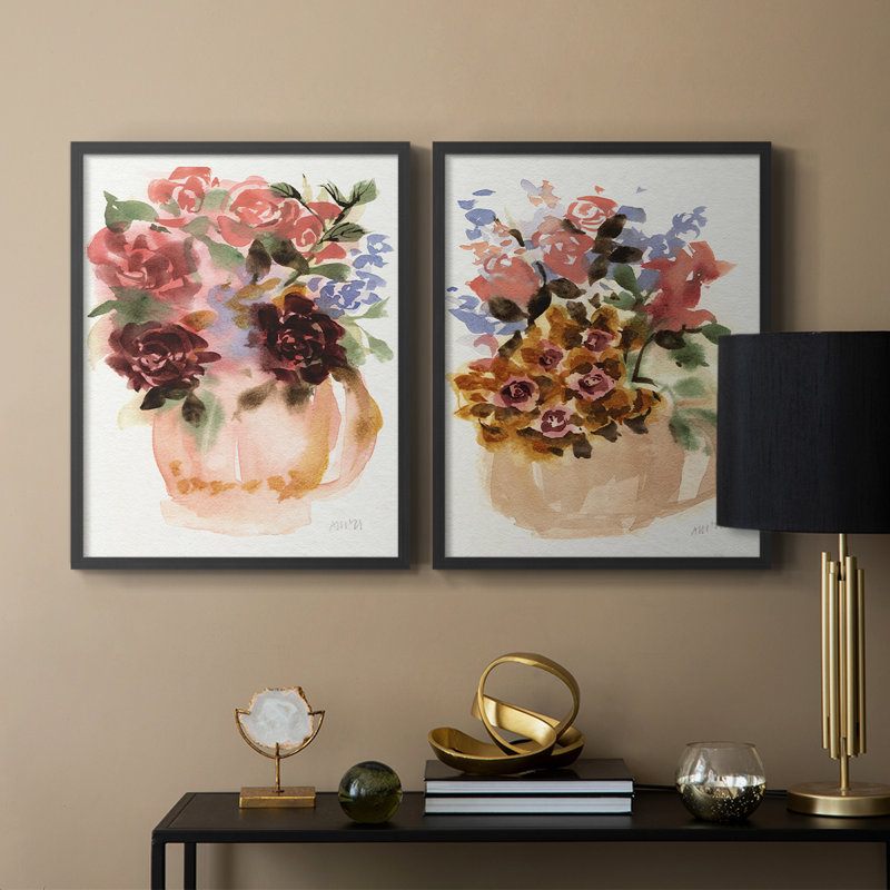 Bouquet mauve dans une théière I - reproduction encadrée de qualité supérieure - prête à être accrochée - aucun clou requis - aucun clou requis