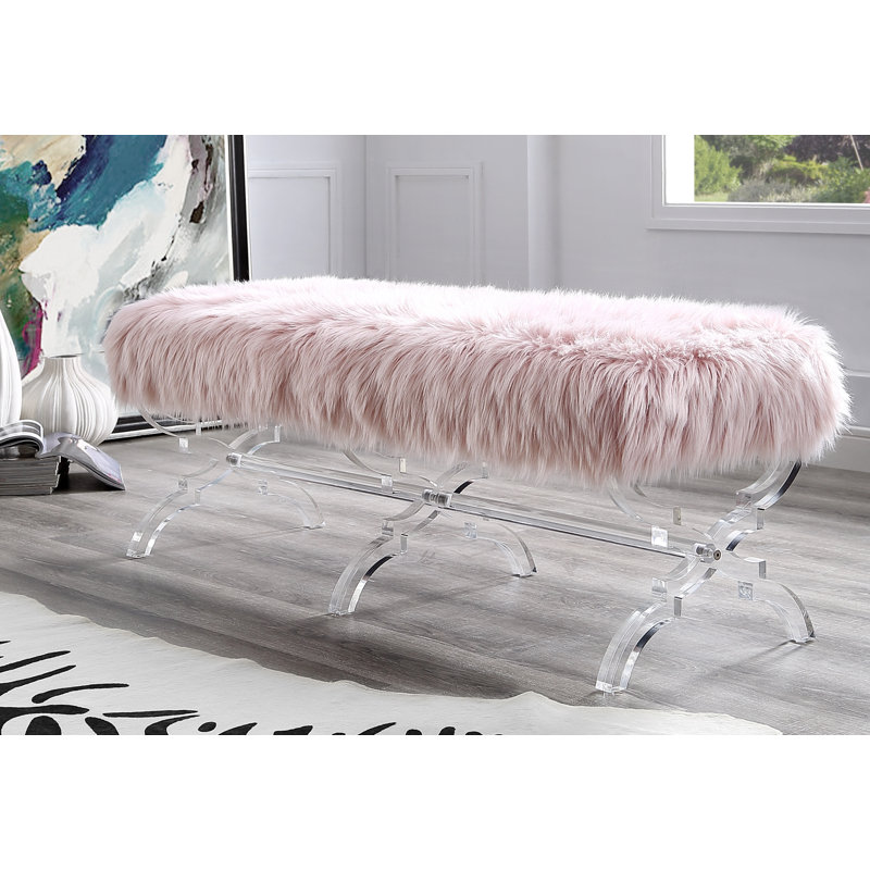 Giselle Faux Fur Acrylic X-Leg Bench, Rose