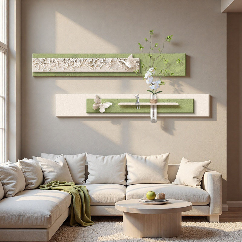 Décoration murale crème en bois avec vase hydroponique - canapé de salon, H 9,45 po x l 62,99 po x P 0,87 po