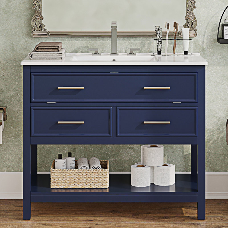 Meuble-lavabo avec lavabo en céramique, meuble-lavabo avec plateau basculant et tiroirs, Bleu
