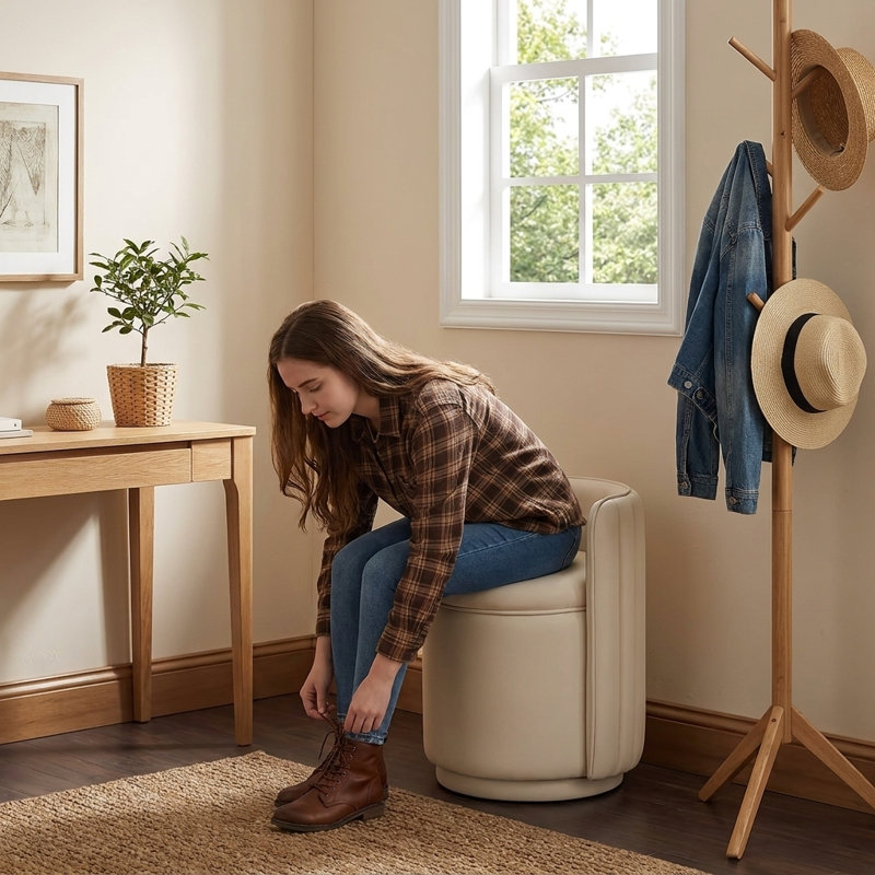 Tabouret de coiffeuse pivotant rembourré en velours à 360 ° sans assemblage requis, Blanc