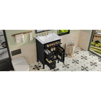 Meuble-lavabo de 24 po avec lavabo, armoire en bois massif et panneau de fibres à densité moyenne avec un tiroir rabattable, deux tiroirs standard et une tablette réglable, meuble-lavabo noir autoportant pour le rangement de la salle de bain