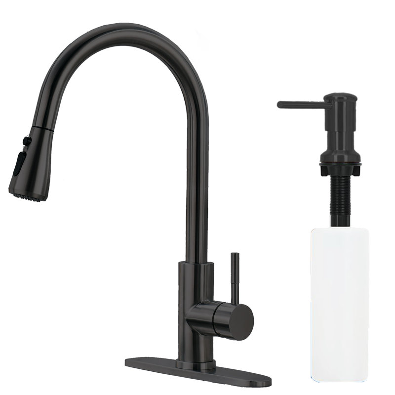 Robinet de cuisine moderne à une poignée et douchette extractible avec distributeur de savon en acier inoxydable