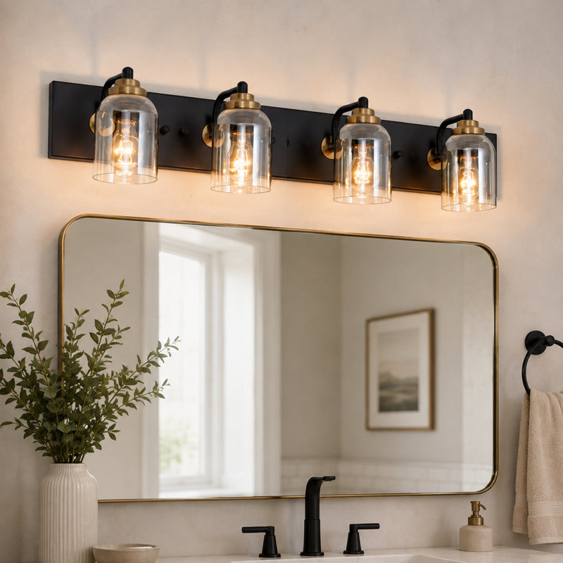 Applique murale moderne noire et dorée à 4 lumières avec abat-jour en verre transparent