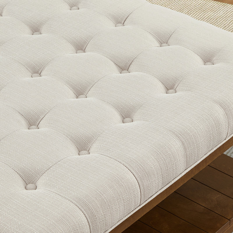 Large Square Upholstered Tufted Linen Ottoman Coffee Table With Solid Wood Shelf, Ivory | Gift Idea, Ivory
