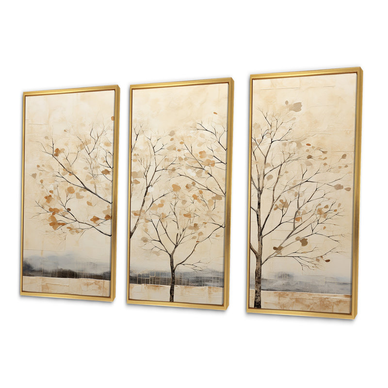 «Beige Trees» Harmony V - ensemble de reproduction d'art mural arbre, Cadre flottant doré, H 40 po x l 60 po x P 1 po