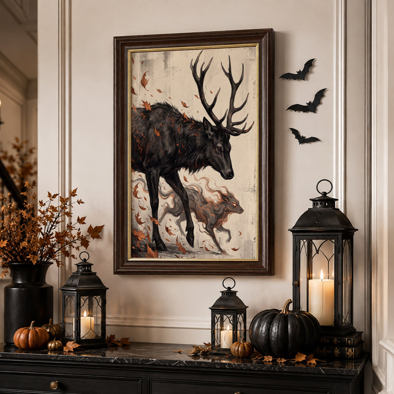 Cerf noir et loup gris parmi les feuilles d'automne - Toile murale d'Halloween, 18"H x 12"W