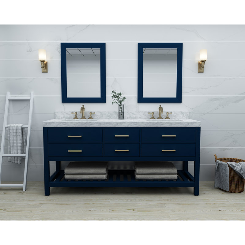 Ensemble de meuble-lavabo double 72 "avec miroir Elizabeth, Blanc de Carrare, Bleu héritage, Doré