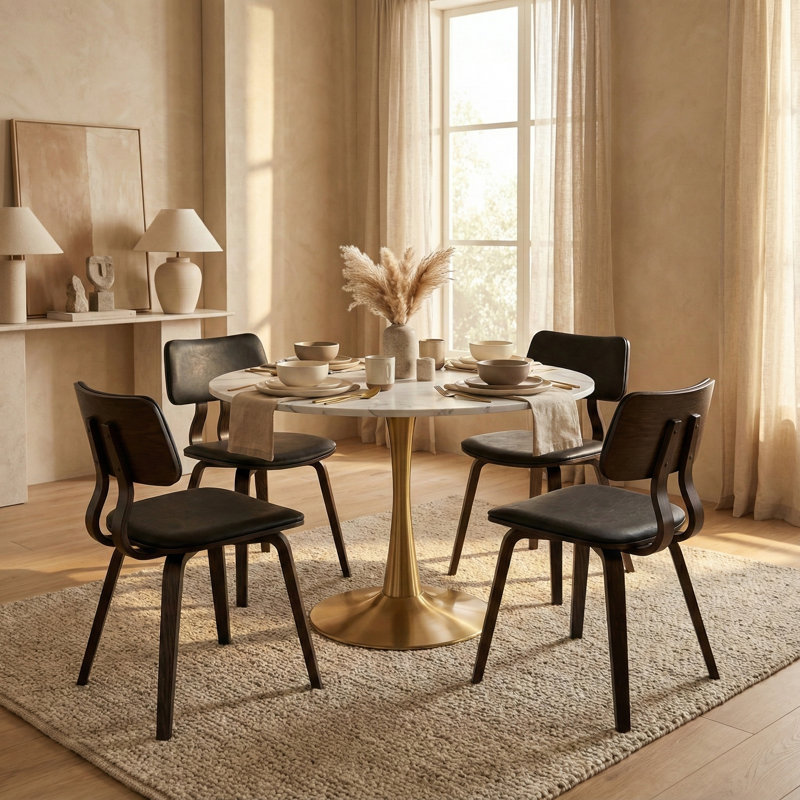 Leisuremod Bristol 31" Round Dining Table, Modern Small Space Kitchen Table with Gold Pedestal Base, Mid-Century Bistro Beveled Table Top for Breakfast Nook
