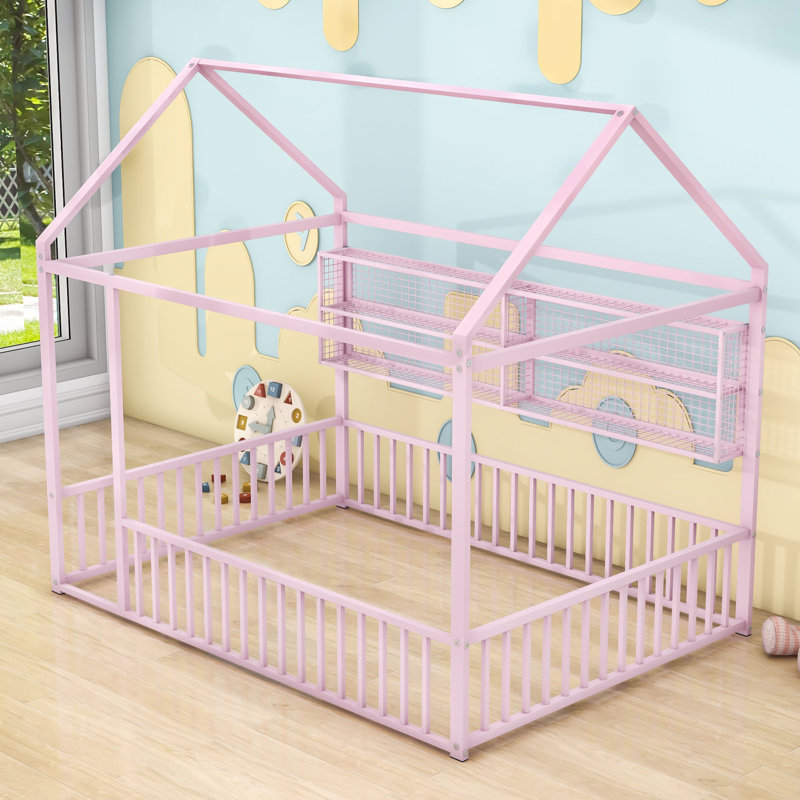 Lit plateforme en métal avec tablettes, Full, Pink