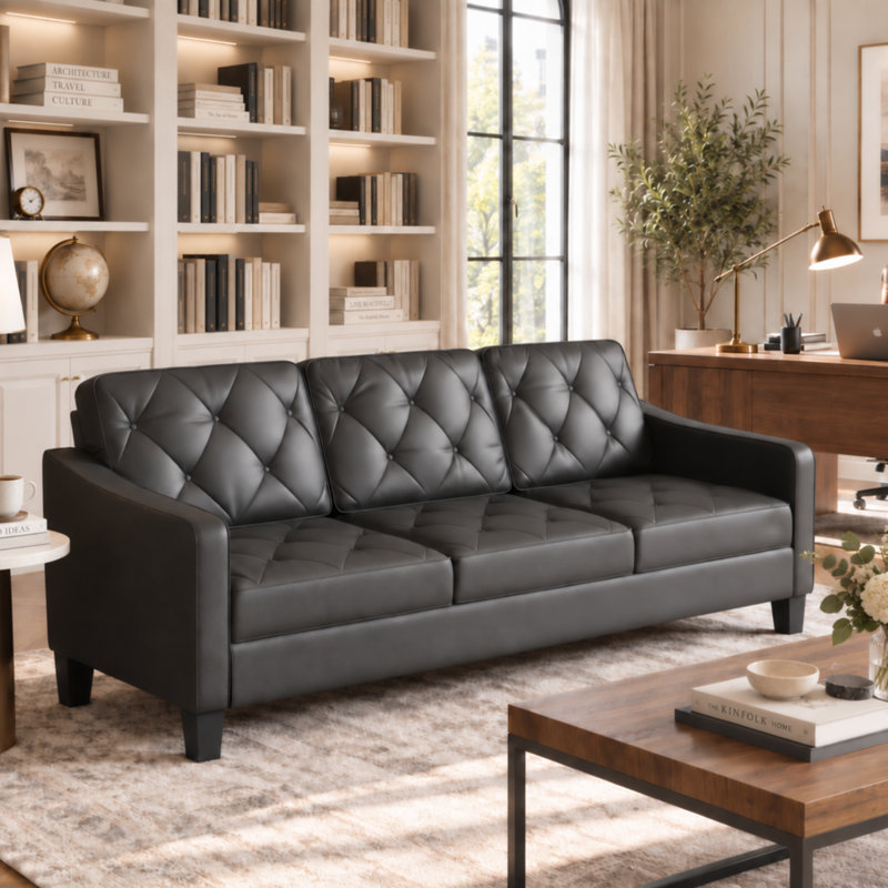 Canapé 3 places 82 pouces Mid-Century, Similicuir noir