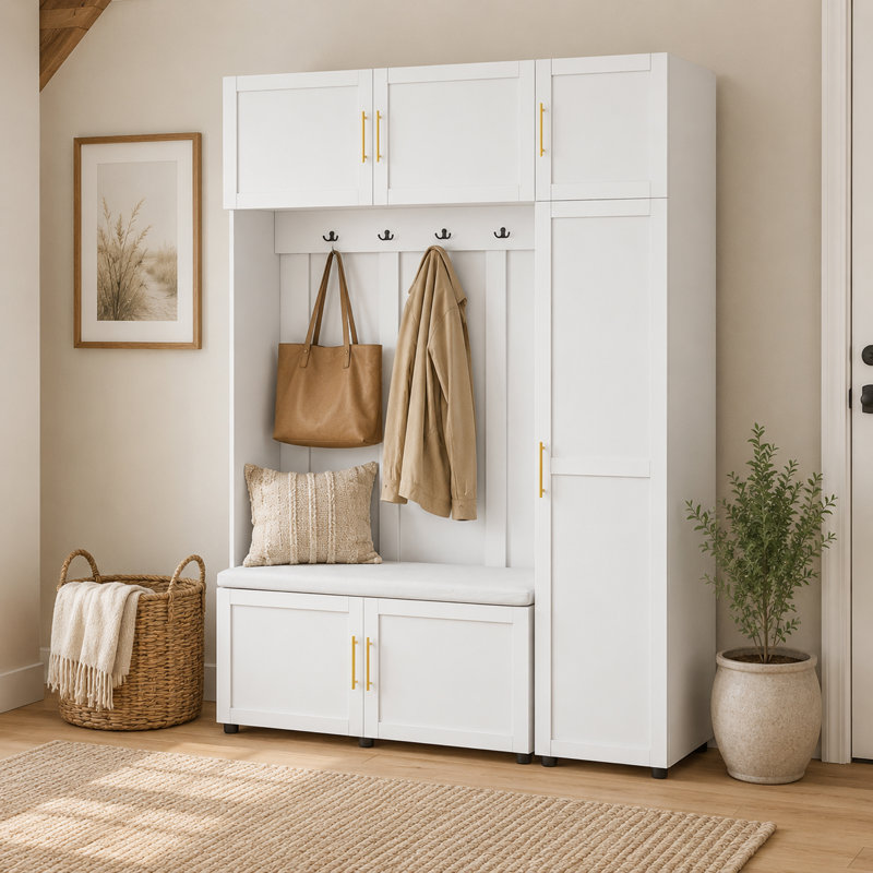 Entryway Storage Bench Hall Tree With Padded Bench, Shoe Cabinets, Hooks, And Multi-Tier Storage Shelves, White
