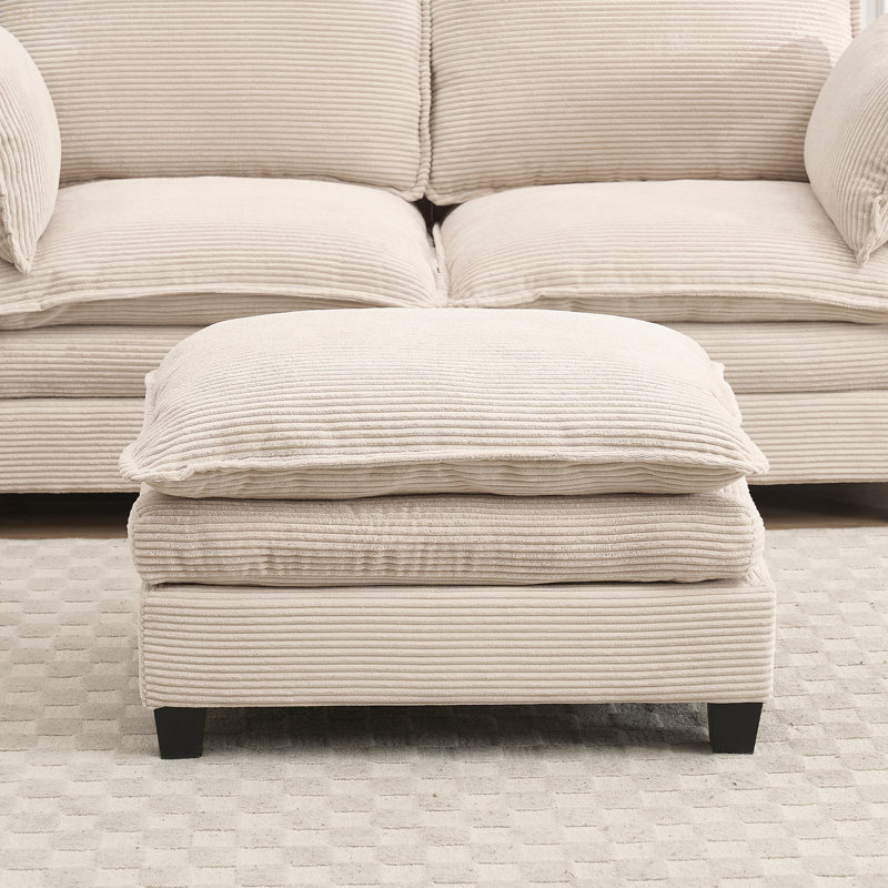 Corduroy Upholstered Ottoman With Plush Cushion, Footrest Stool For Living Room, Beige