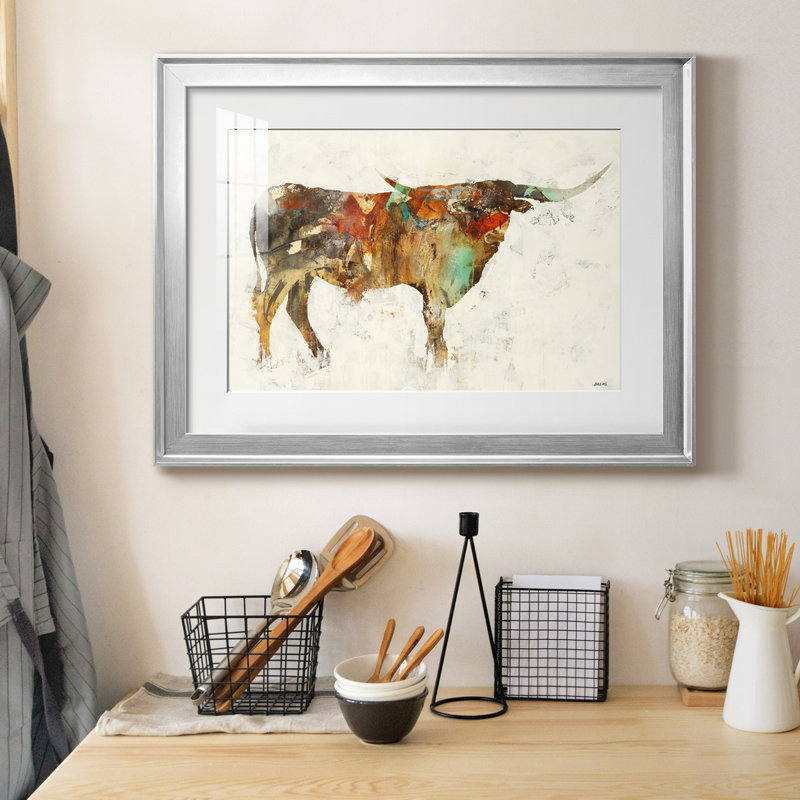 " Long Horn ", 18.5" H x 24.5" W x 1.5" D, Silver Framed Paper