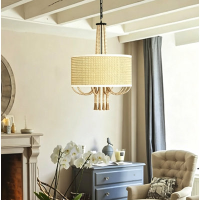 5-Light Boho Farmhouse Pendant Light Fixture with Wood Bead Tassels, Natural Rattan