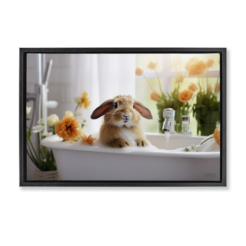 «Bathing Baby Bunny», toile flottante encadrée par Roozbeh Bahramali, Cadre flottant noir de jais, H 17 po x l 25 po