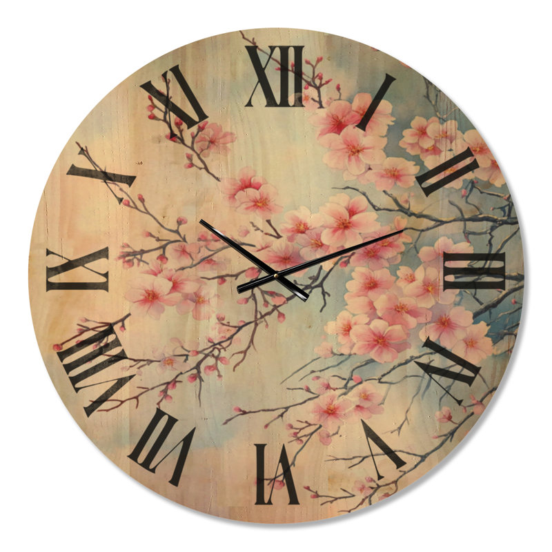 Très grande horloge murale en bois floral - branches délicates de cerisier en fleurs, Oversized