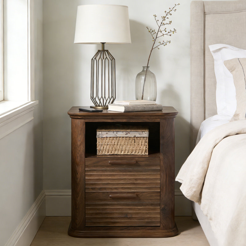 22" Large Tabletop Round Corner Nightstand with Charging Station Fluted Design with 2 Drawers, Brown