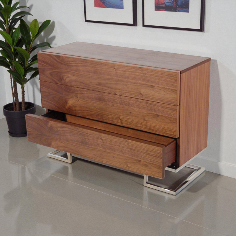 Pangea Home Modern 3-Drawer Dresser / Sideboard Buffet – Contemporary Storage Cabinet with Sleek Steel Base – Available in Walnut Light Brown Wood Veneer Finish - Bedroom, Dining Room, Entry Console